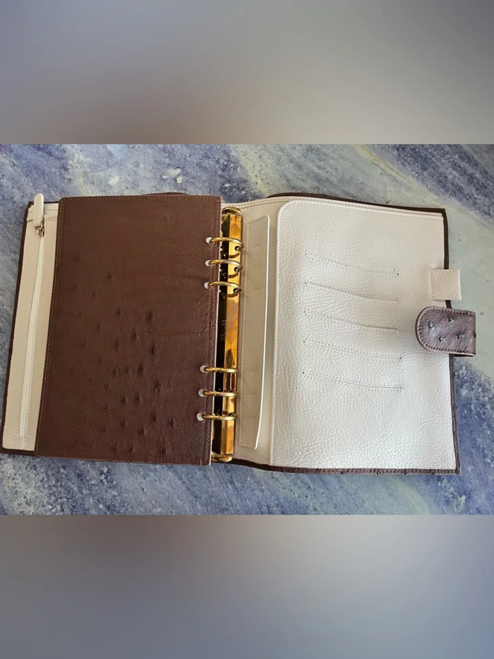New A5 Ring Planner Cover Agenda Organizer Real Ostrich Chestnut Cream Leather